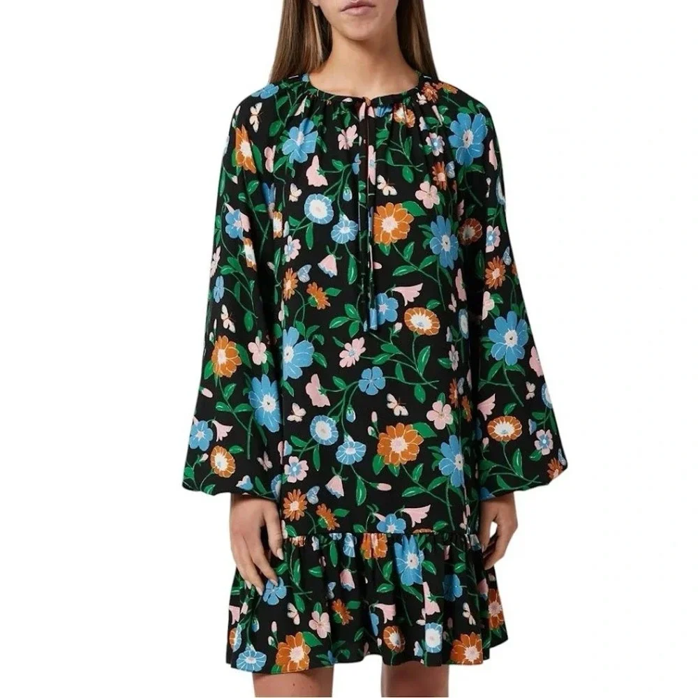 Kate Spade New York Spring Floral Garden Tulip Dress Black Size 6 Long Sleeve